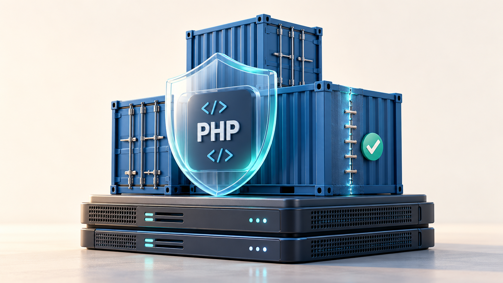 A protective shield around PHP in front of stacked software containers with a security patch and check mark.